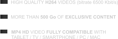 MORE THAN 500 Go OF EXCLUSIVE CONTENT MP4 HD VIDEO FULLY COMPATIBLE WITH TABLET / TV / SMARTPHONE / PC / MAC HIGH QUALITY H264 VIDEOS (bitrate 6500 Kbit/s)